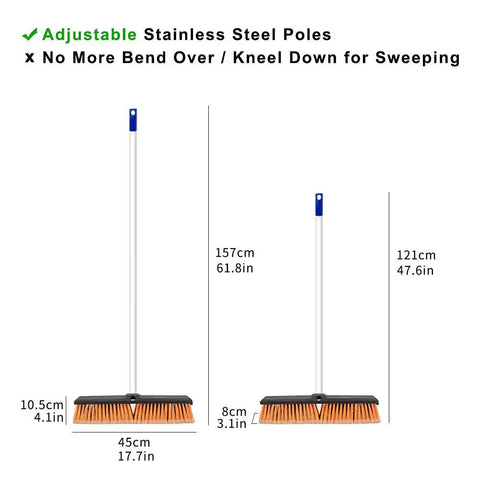 Adjustable stainless steel poles of Heavy Duty 18 Inch Push Broom Long Handle Dual Bristle Gear for concrete cleaning.