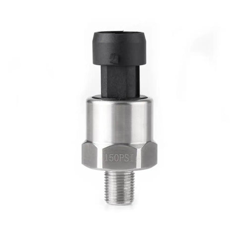 Front view of stainless steel pressure transducer sensor one eighth inch NPT thread 150 psi for water oil fuel air.
