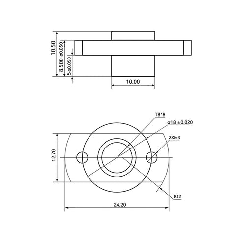 Diagram of Six Piece T8 Lead Screw POM Nuts Z Axis Replacement Trapezoid Motor Screws dimensions 24.2x12.7mm for Creality printers.