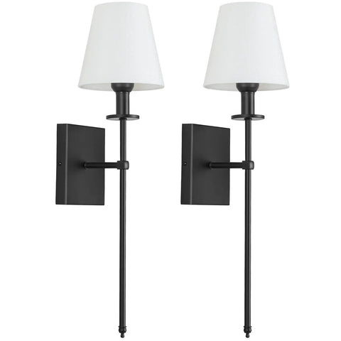 Two Pack Slim Wall Sconces With White Fabric Shades Plug In Or Hardwired Indoor Wall Lights Matte Black Bedside Lanterns