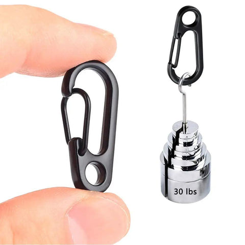 Black carabiner clip held next to a 30 lbs weight displaying the 30 Piece Mini Carabiner Clip Set, Tiny Zinc Alloy Spring Snap Hooks.