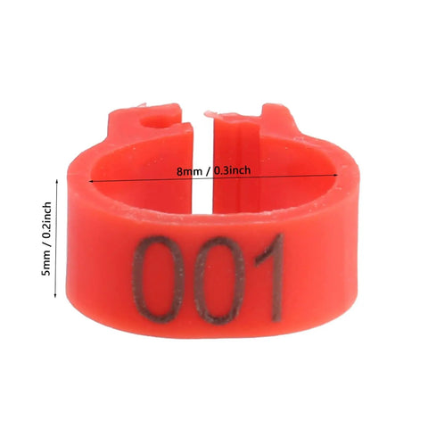8mm Plastic Pigeon Leg Band with Numbered ID 001, Red Durable Bird Ring for Poultry Management, Close-up View