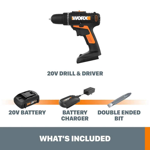 Power Share Compatible 20V Cordless Drill And Driver With 265 In Lbs Torque 15 Position Clutch shown with battery and accessories