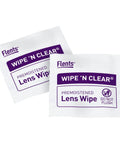 Two Flents Wipe 'N Clear premoistened lens wipe packets with purple label