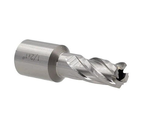 Ready High Speed Steel Annular Cutter With A Precise 3/4 Inch Cutting Diameter And Sturdy Weldon Shank Plays Nice With Magnetic Drills Mills And Big Drill Presses Built Heavy For All Day Machine Shop Grind. Close-up view of HSS annular cutter with 1/2 inch cut diameter.