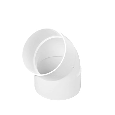 PVC 6-Inch 45-Degree Elbow, white, hub to hub solvent-weld fitting for drainage systems, front view.