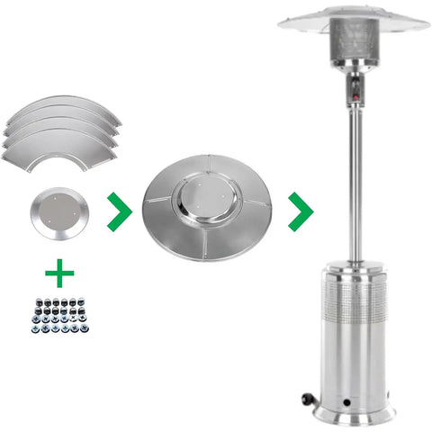 Premium Weatherproof Aluminum Round Reflector Shield for Patio Heaters 32 Inch Diameter, with assembly parts and heater.