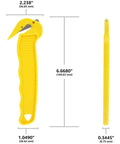 Yellow Disposable Film Cutter With Sharp Steel Blade And Safe Hidden Blade Design For Easy Cutting Of Shrink Wrap, shown with dimensions.