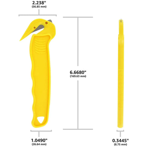 Yellow Disposable Film Cutter With Sharp Steel Blade And Safe Hidden Blade Design For Easy Cutting Of Shrink Wrap, shown with dimensions.