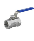 Bulletproof Stainless Steel Ball Valve With Slick Female Threaded Plumbing Connector For Faucets And Water Pipes Heavy Duty Corrosion Resistant Solid Fitting Available In Multiple Inch Sizes, front view with blue lever.