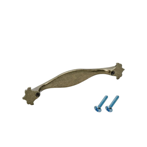 Antique Bronze European Drawer Pull with screws, 128mm hole, 175mm length, arch design with stained glass pattern on vintage metal handle