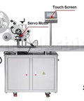 Automatic Stand Up Pouch Labeler Machine With Integrated Feeder For Plastic Bags Cosmetic Packaging And Beverage Labels shown with touch screen and servo motor.