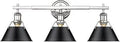 Orwell 3 Light Bath Vanity Fixture In Chrome With Black Shade, industrial vintage style, durable steel, for bathrooms and powder rooms.
