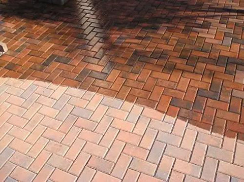Before and after treatment of paved slabs showing the effect of Heavy Duty 25 Percent High Solids Styrene Acrylic Concrete Sealer Brings Out Natural Color And Kills Whitening On Brick And Paved Slabs Real Deal 5 Gallon Can Protection.