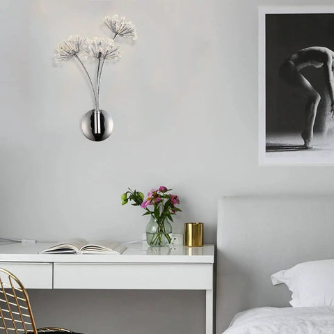 Crystal Glass 3 Light Dandelion Wall Sconce In Brushed Nickel Stainless Steel Mount for bedroom with desk and artwork.