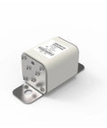 Built Tough As Nails High Voltage DC Fuse For EV Chargers And Solar Arrays 400A 500A 630A At 750V Silver Cartridge Heavy Duty Circuit Shield Smooth Operator on a metal base.