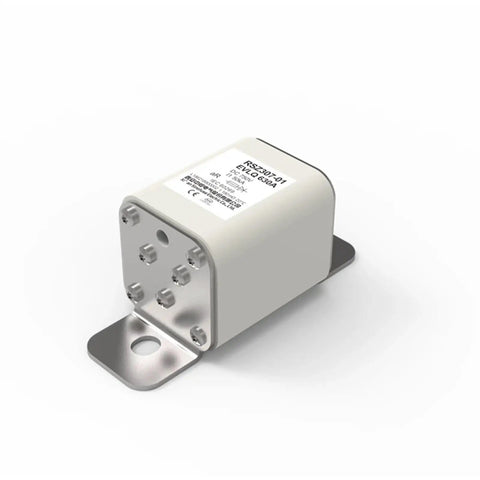 Built Tough As Nails High Voltage DC Fuse For EV Chargers And Solar Arrays 400A 500A 630A At 750V Silver Cartridge Heavy Duty Circuit Shield Smooth Operator on a metal base.