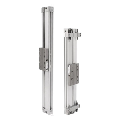 Two Heavy Duty Rodless Pneumatic Air Cylinders With Integrated Shock Absorber For Factory Equipment and Automated Lines.