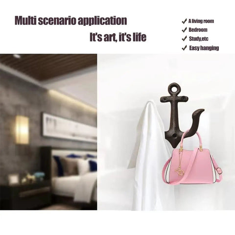 Badass Vintage Cast Iron Nautical Anchor Wall Hooks For Bathrooms And Closets holding a white towel and pink bag.