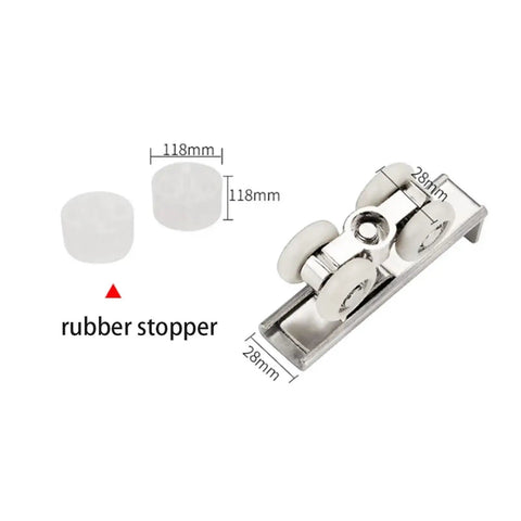 Heavy Duty Hella Durable Double Wheel Sliding Door Rollers Zinc Alloy Track Pulleys with rubber stoppers and measurements.