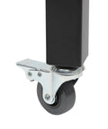 Close-up of heavy duty folding security gate wheel with steel mounting and durable black rubber for smooth mobility.
