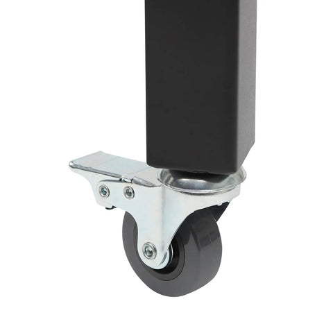 Close-up of heavy duty folding security gate wheel with steel mounting and durable black rubber for smooth mobility.