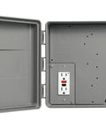 Outdoor Sprinkler Controller Cabinet With GFCI Weatherproof ABS Box, tamper resistant hinged door, open view showing outlet.
