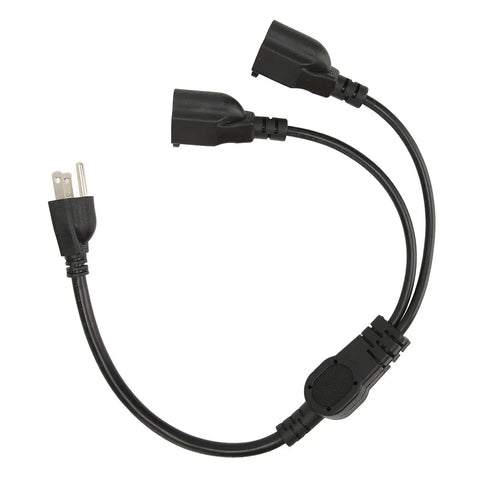 Heavy Duty Three Pin To Two Outlet Power Extension Cord With Hella Roomy Flexible Spacing, Y splitter design, black cable.