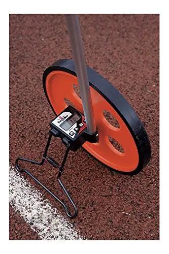 Close-up of Heavy Duty Digital Measuring Wheel With Telescoping Handle And Pain Free Memory Display for outdoor surveying.