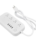 Heavy Duty Smart Power Strip With Voice Control And Programmable Timer Delivering Four AC Outlets Plus Four USB Ports, white design with cable.