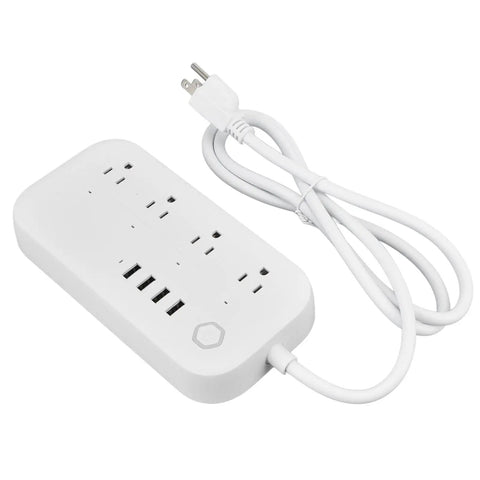 Heavy Duty Smart Power Strip With Voice Control And Programmable Timer Delivering Four AC Outlets Plus Four USB Ports, white design with cable.