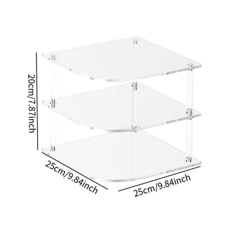 Acrylic Corner Shelf Cabinet 3 Tier Plate Rack Storage Organizer for cups, dishes on countertop, size 250x250x200mm.