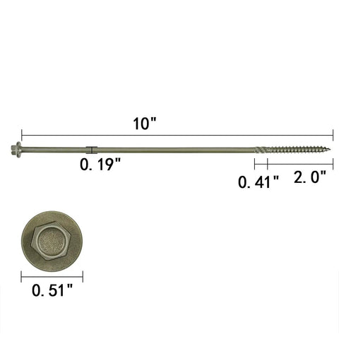 50 Pack Number 14 X 10 Hex Head Timber Screws Heavy Duty Exterior Deck Fasteners Self Drilling Tips showing dimensions and details.