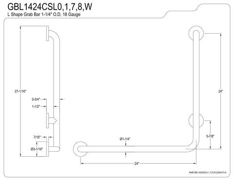 Technical drawing of 24 Inch L Shaped Grab Bar Left Hand In Brushed Nickel Heavy Duty Stainless Steel Bath Safety Rail With Concealed Mounting Flanges.