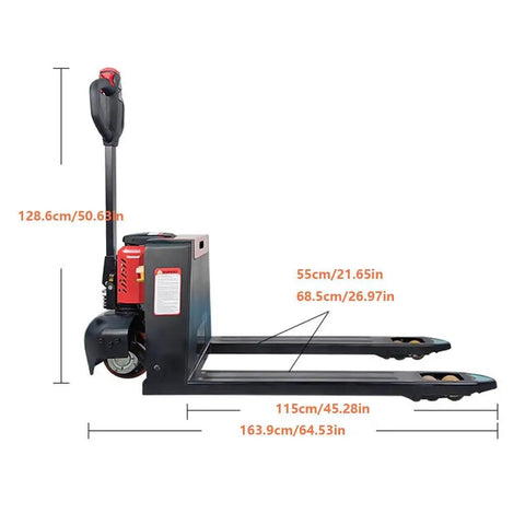 Side view of Heavy Duty Electric Pallet Jack With 3300 Lb Capacity And Fast Charging Lithium Battery designed for tight spaces.