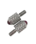 Dial indicator contact points; two knurled silver pieces with ruby ball tips and threaded ends.