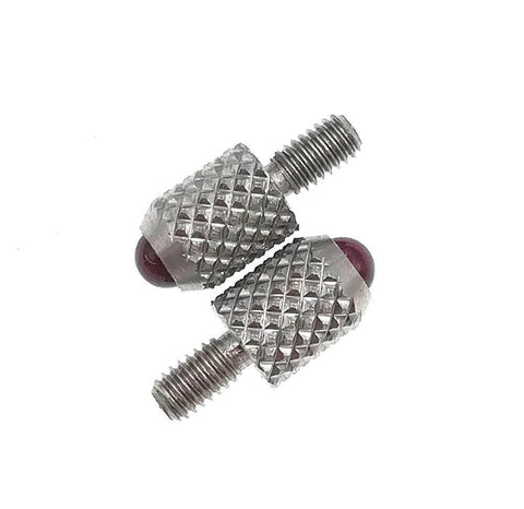 Dial indicator contact points; two knurled silver pieces with ruby ball tips and threaded ends.