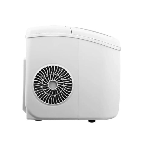 Side view of Top Shelf Compact Ice Maker For Countertops showing sleek white design and ventilation fan.