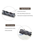 Close-up of Pro Grade Carbide Square End Mill Set 1/2 3/8 5/16 1/4 3/16 1/8 Inch, 4 Flute, AlTiN Coated CNC Router Bits detailing chip pocket and coating.