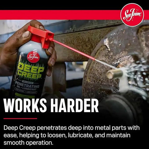 Person using Deep Creep penetrating oil lubricant spray with red nozzle on rusted machinery for loosening bolts.