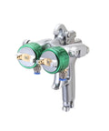 Dual Nozzle Pneumatic Air Spray Gun With Pressure Feed Cup Lays Down Buttery Smooth Coats Every Time And Covers Ground Fast For Zero Hassle Job Sites Or Weekend Projects, close-up view of dual nozzles.