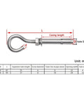 Diagram of M6 M8 316 stainless steel expansion screws hooks opening hole with measurements for eye bolt installation.
