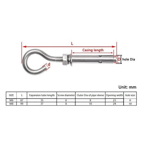 Diagram of M6 M8 316 stainless steel expansion screws hooks opening hole with measurements for eye bolt installation.