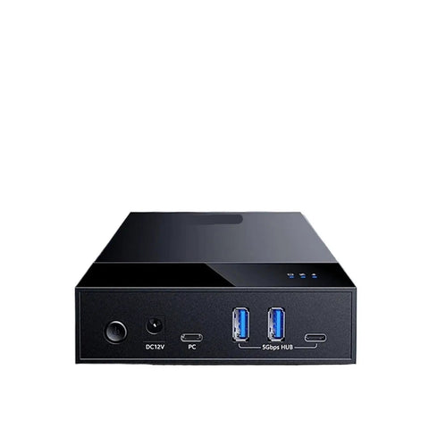 Tool Free Two Point Five Inch Hdd Ssd Enclosure Usb Three Point Zero Hub Type C To Sata Adapter External Hard Drive Case front view with connections.