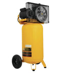 Heavy Duty 25 Gallon Vertical Air Compressor With 2 Hp Oil Lube Belt Drive Motor, yellow tank, mobile design for workshop use.