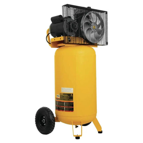 Heavy Duty 25 Gallon Vertical Air Compressor With 2 Hp Oil Lube Belt Drive Motor, yellow tank, mobile design for workshop use.