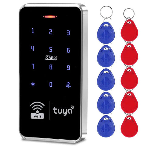 Waterproof Access Control Keypad For Home Security System With Tuya Smart Remote Unlock Corded Power Smartphone Compatible Includes 10 Silver Key Rings Compact 140x70x16mm Build No Fuss Setup For Easy Mounting