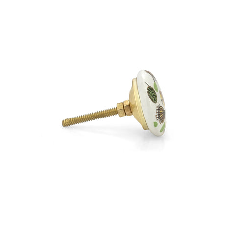 Side view of Handmade Ceramic Cabinet Knobs Geometric Gold Finish Dresser Pulls Set of 6 with floral pattern, Indian craft design.