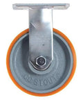 Flat Out Smooth Rolling Heavy Hitter Rigid Plate Caster With 6 Inch Polyurethane Wheel And 2000 Pound Load Capacity Nonmarking Industrial Utility Caster Built Tough For Commercial Use Only, showing the caster wheel from a top view.