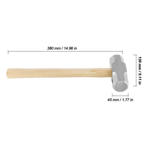 Two Pack 4 Lb Mini Sledge Hammers With Wooden Handles For Demolition, shown with size dimensions, wooden and steel design.